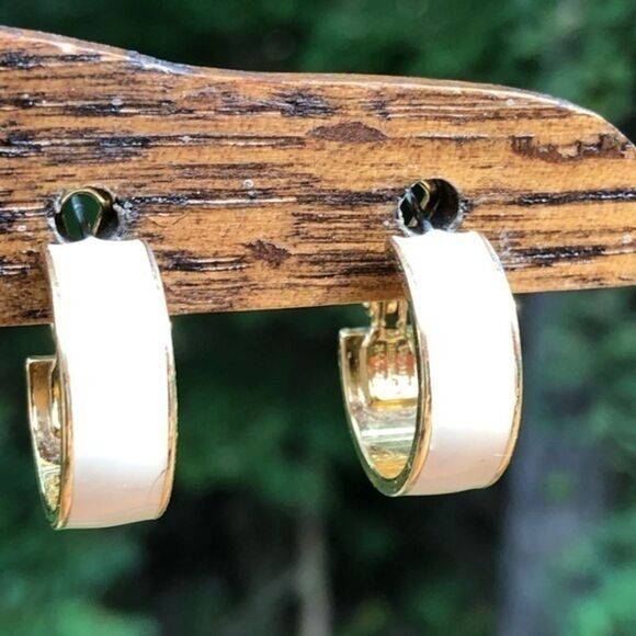Vintage Monet Gold/ Off White Hoops - Picture 1 of 7